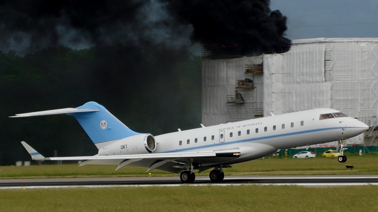4K | *ONGOING FIRE/EXPLOSIONS* Botswana Bombardier Global Express XRS OK1 landing at Geneva/GVA/LSGG
