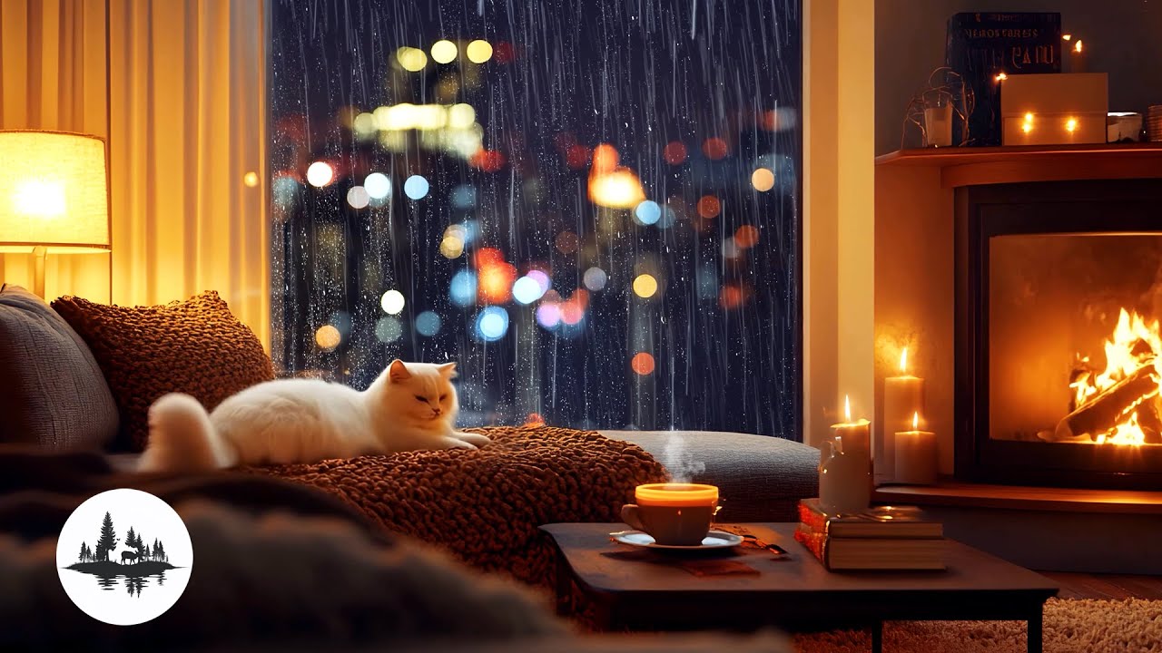 Cozy Rain on Window & Crackling Fireplace | Relaxing Piano Music for Sleep & Study 4K