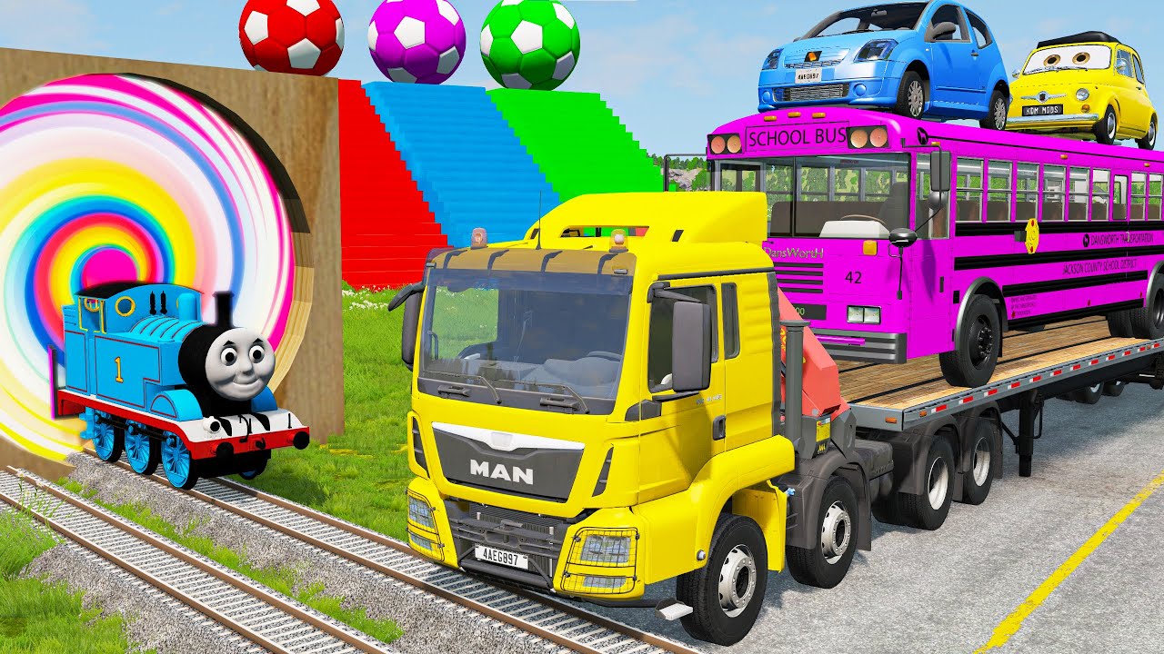 LONG CARS vs SPEEDBUMPS - Truck Transporting Cars with Flatbed Trailer - BeamNG Drive