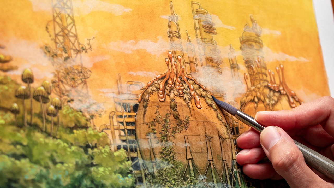 Dystopian Landscape Ulsan, South Korea - Ink and Watercolor Painting & Chatting