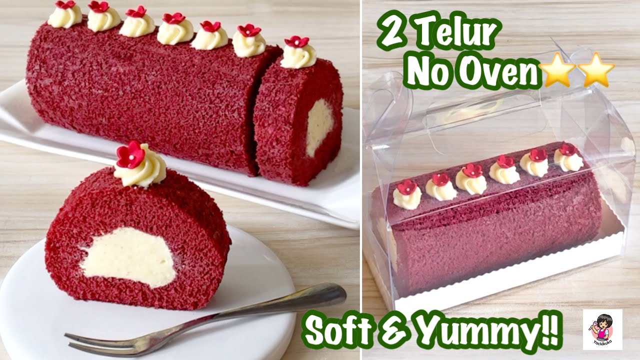 NO BAKE RED VELVET ROLL CAKE⭐️ Resep Pemula! 2butir telur lembut n fillingnya lumeeer di mulut❤️