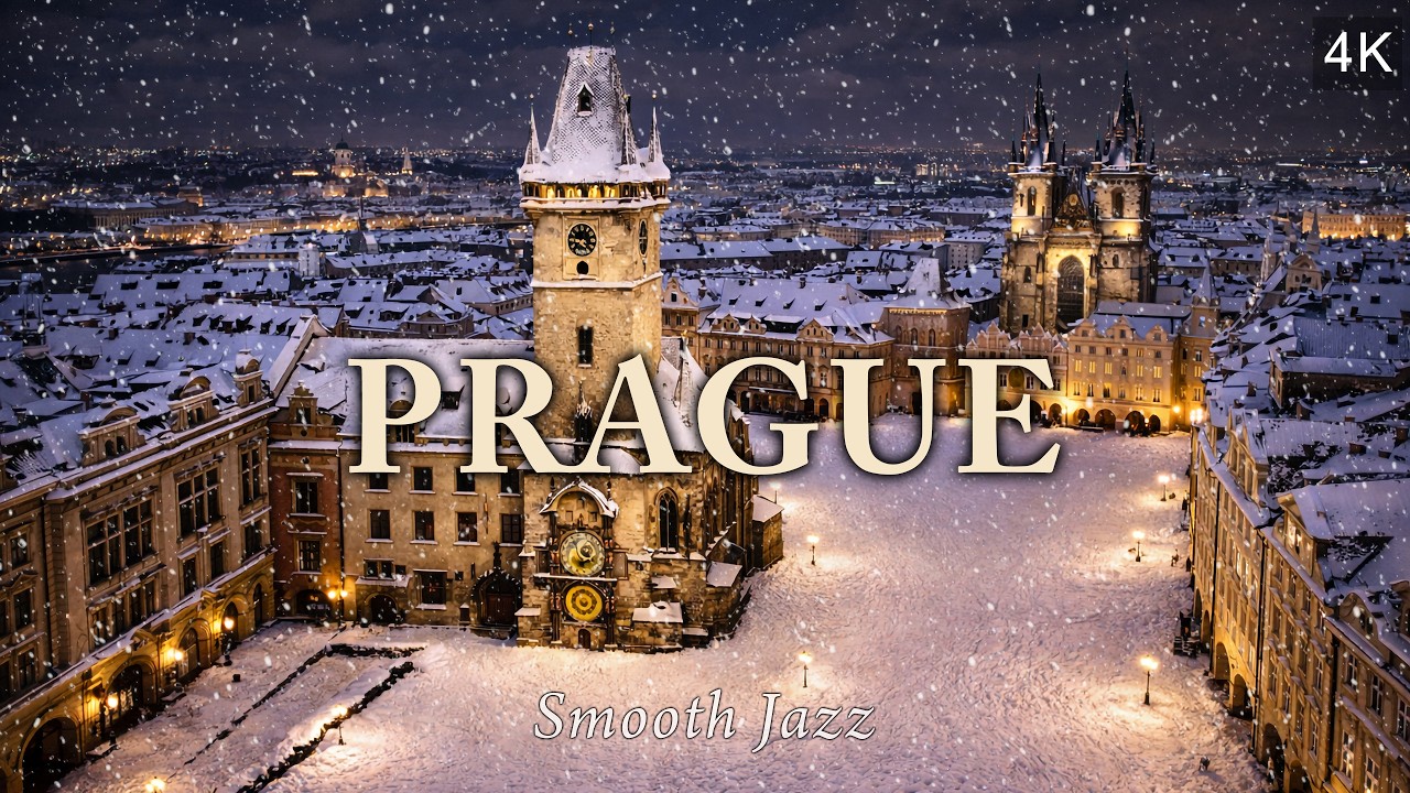 ❄️Old Town Square Snowy Night Ambiance - 1 Hour Smooth Jazz - Prague Night Vibes