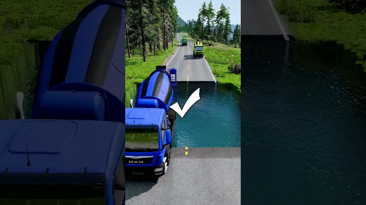 Mixer trucks vs water pit #75 | #beamngdrive #carsvsmassivepotholespart2  #constructionvehicle