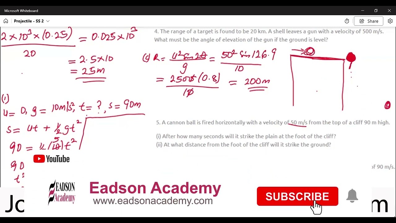 Projectile Motion - A canon is fired horizontally with a velocity of 50 m/s from the top of a cliff