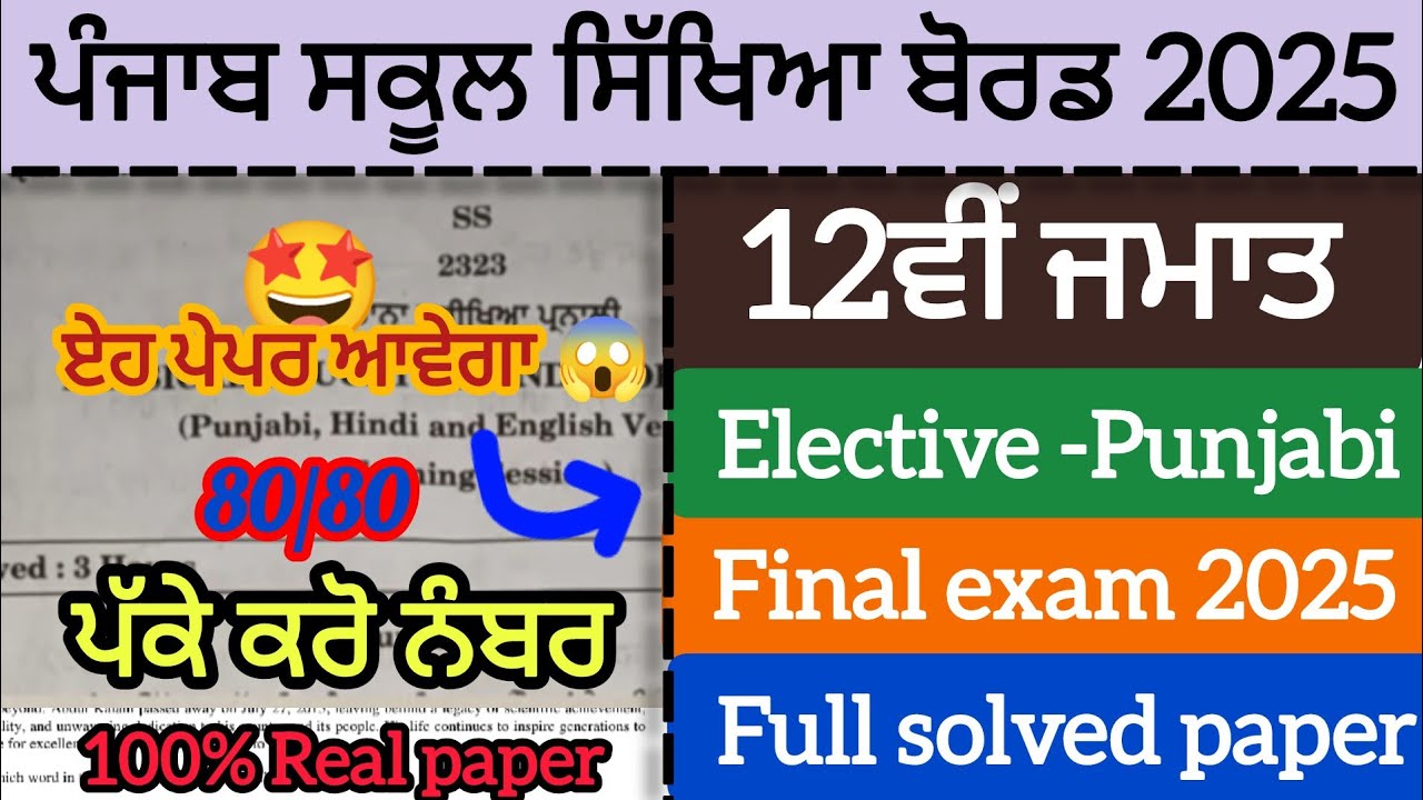 PSEB 12th class Elective -Punjabi final exam 2025 | Full solved paper Real Question paper