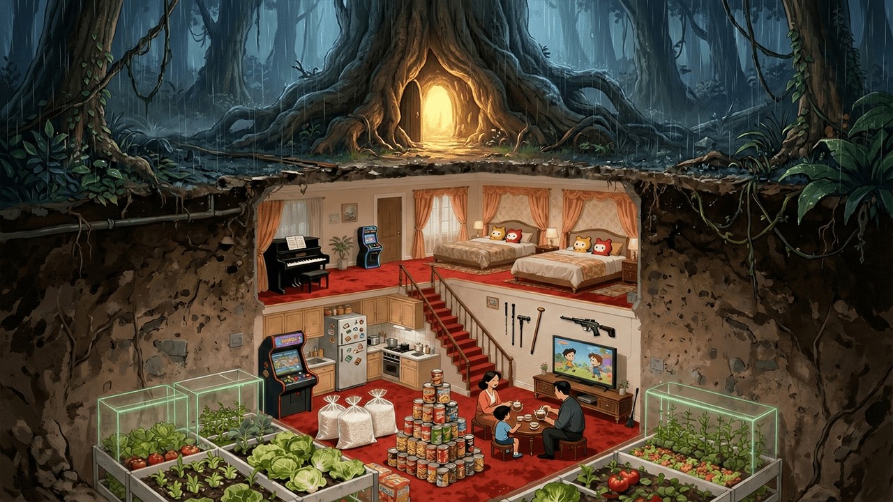 Building a Hidden Shelter Inside a Giant Tree Root, Cooking & Singing Through The Heavy Rain[Ghibli]