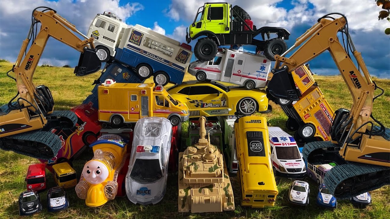 AMBULANCE, POLICE CAR, FIRE TRUCK, SUZUKI CARRY, EXCAVATOR, TOYOTA HILUX AND BUS TAYO