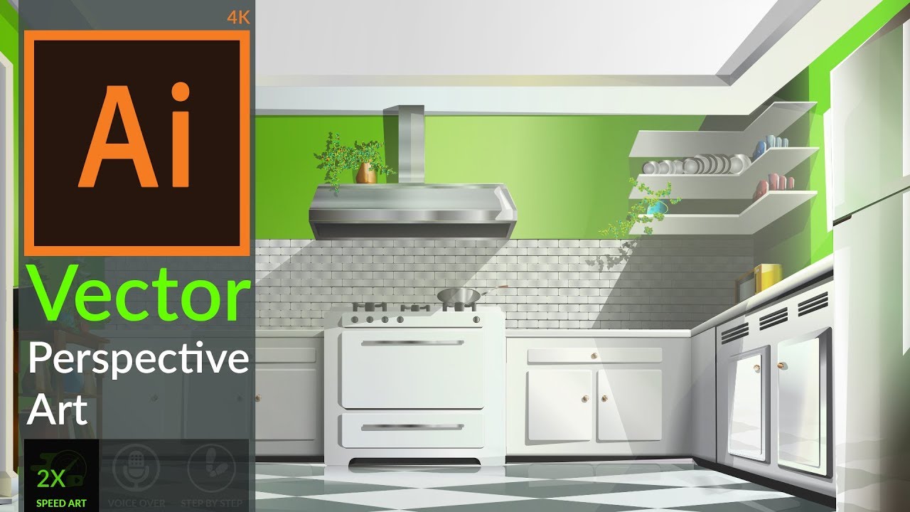 Drawing Vector Perspective 3D Kitchen in adobe illustrator CC .