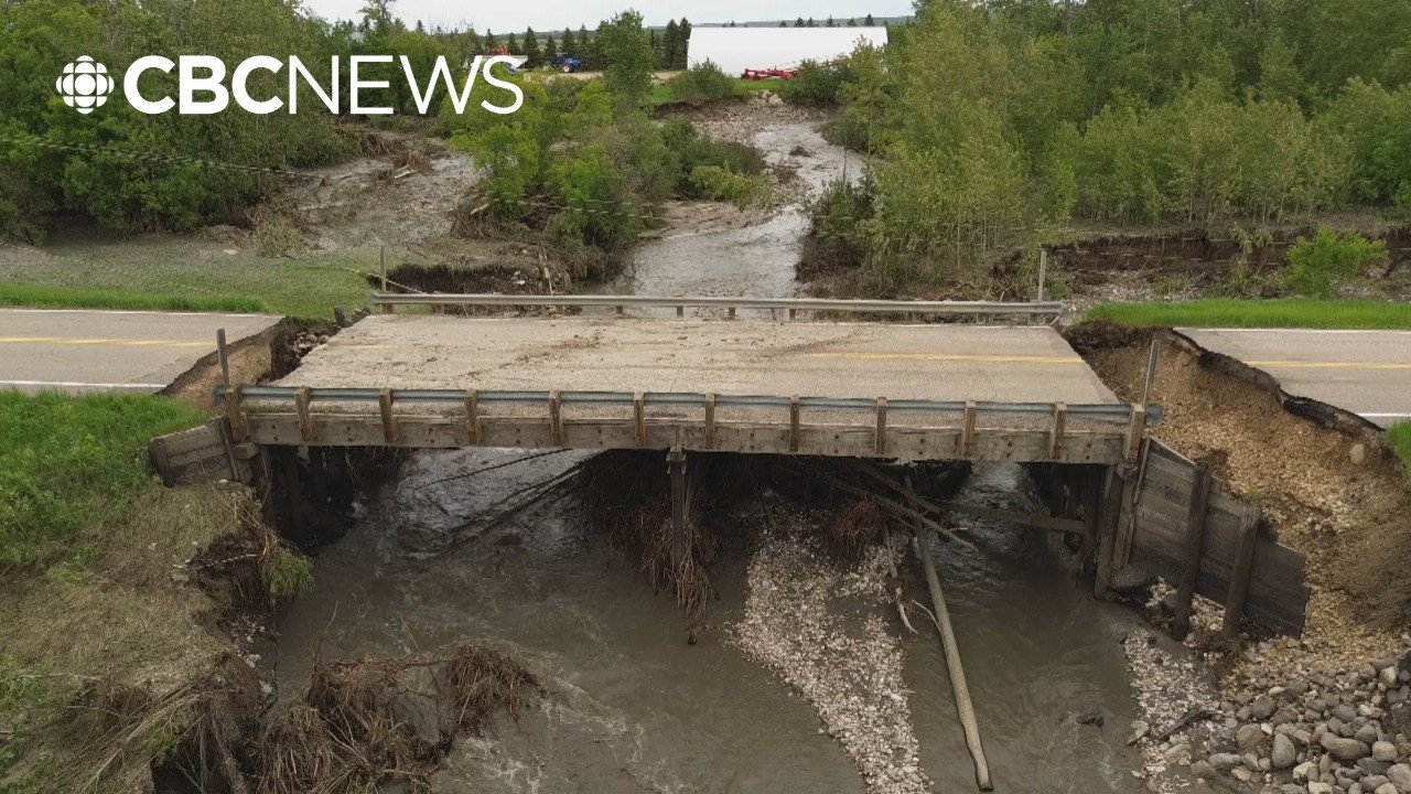 Drone footage shows washed-out bridge in Manitoba flood zone