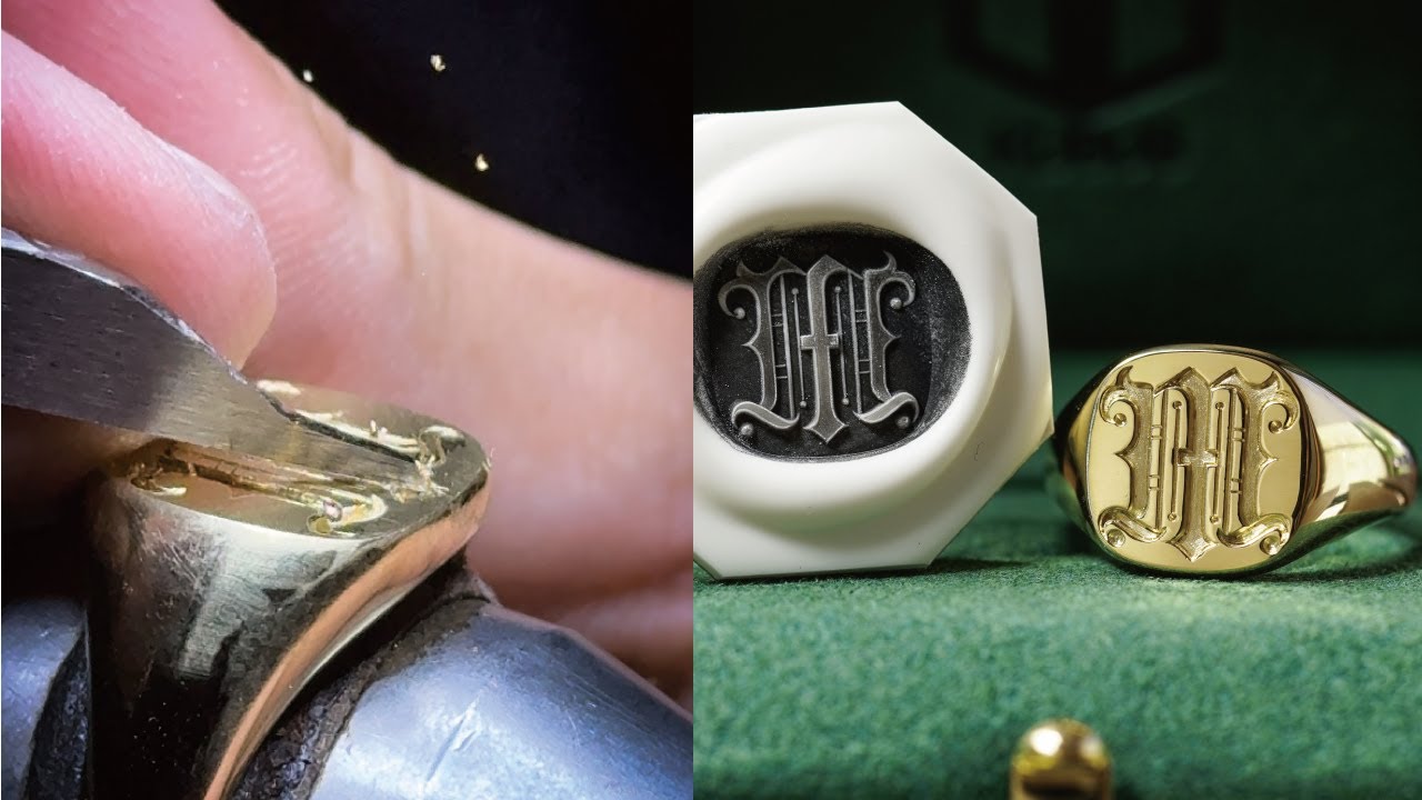 シグネットリングへの手彫り彫刻「M」　Engraving a signet ring- All by hand