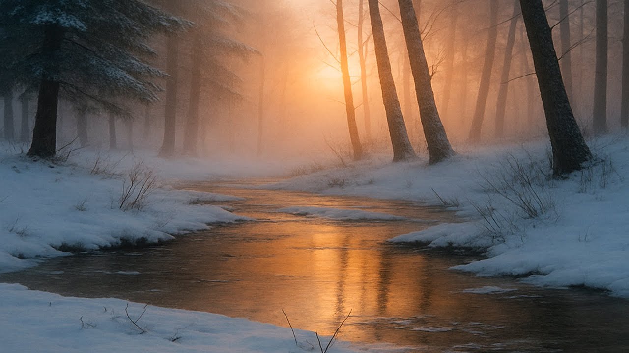 Watercolor Winter Scene – Soft Snow, Mist, and Sunrise Glow