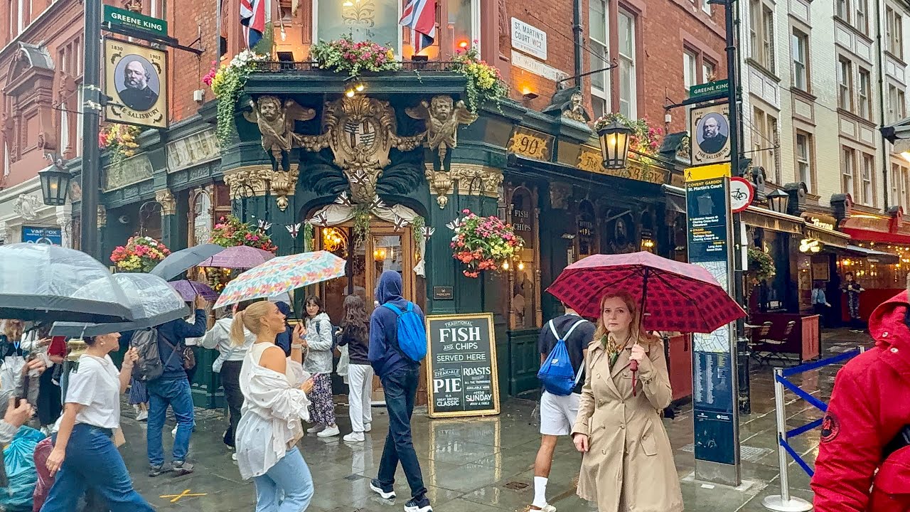 London Rainy Walk Tour | 4K HDR Virtual Walking Tour around the City | Central London Street Walk