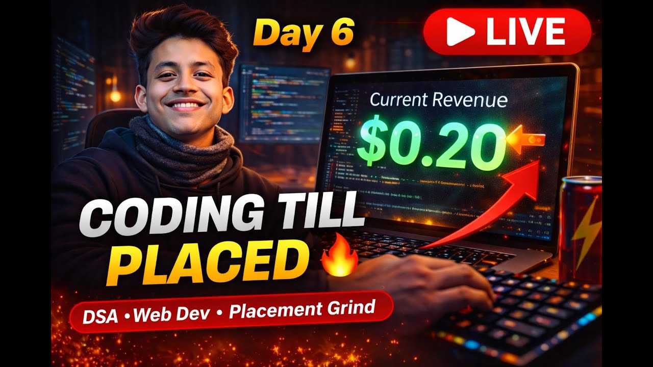 Coding Till Placed | Daily Live DSA & Web Development | $0.21 Revenue Update | Day 6 🔥