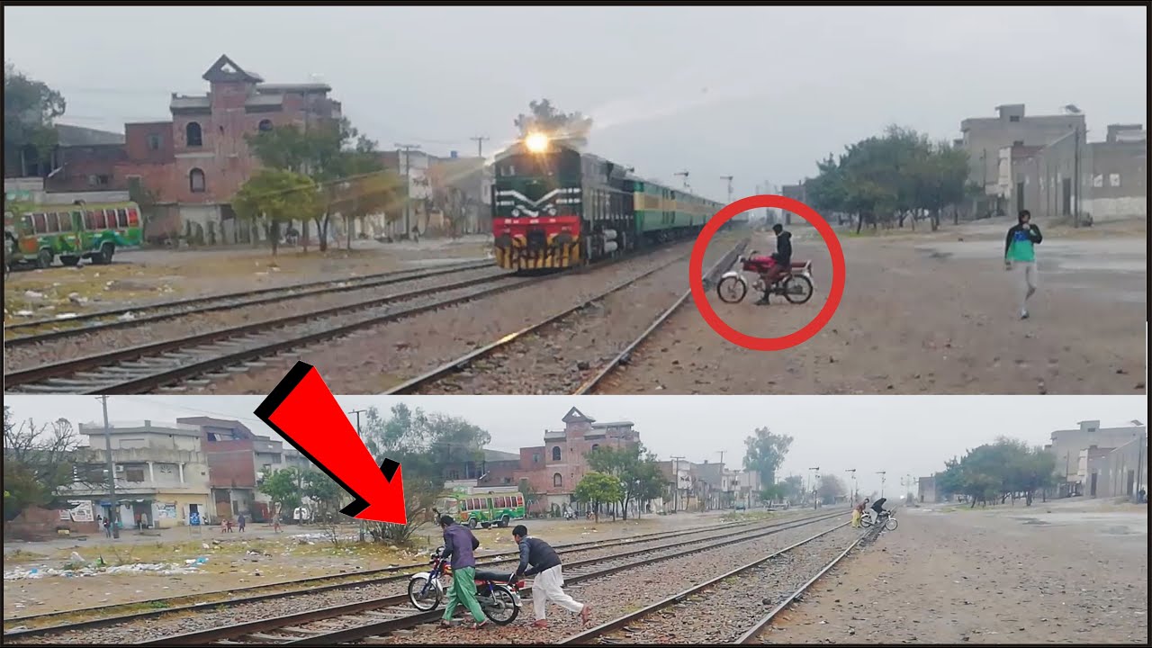 Crazy people crossing railway track when high speed train Karakoram Express 42dn passing Farooq Abad