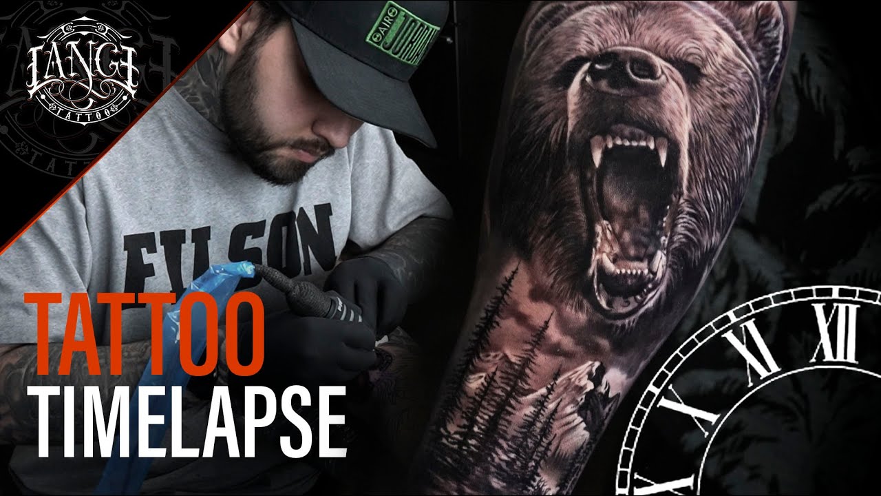 Tattoo Timelapse: Realism in Black and grey - Bear with mountain