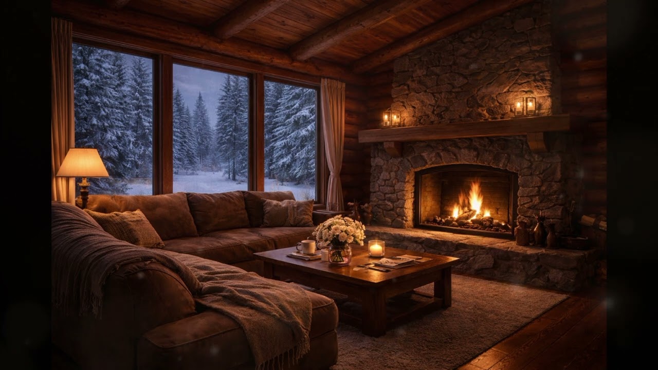 Gentle Night Piano | Warm Fireplace Cabin Under Quiet Snow
