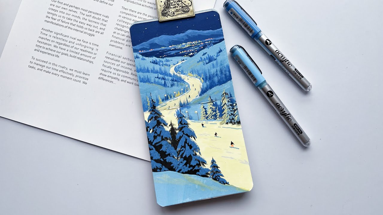 how to draw a detailed snowy mountain ski scene with acrylic markers 