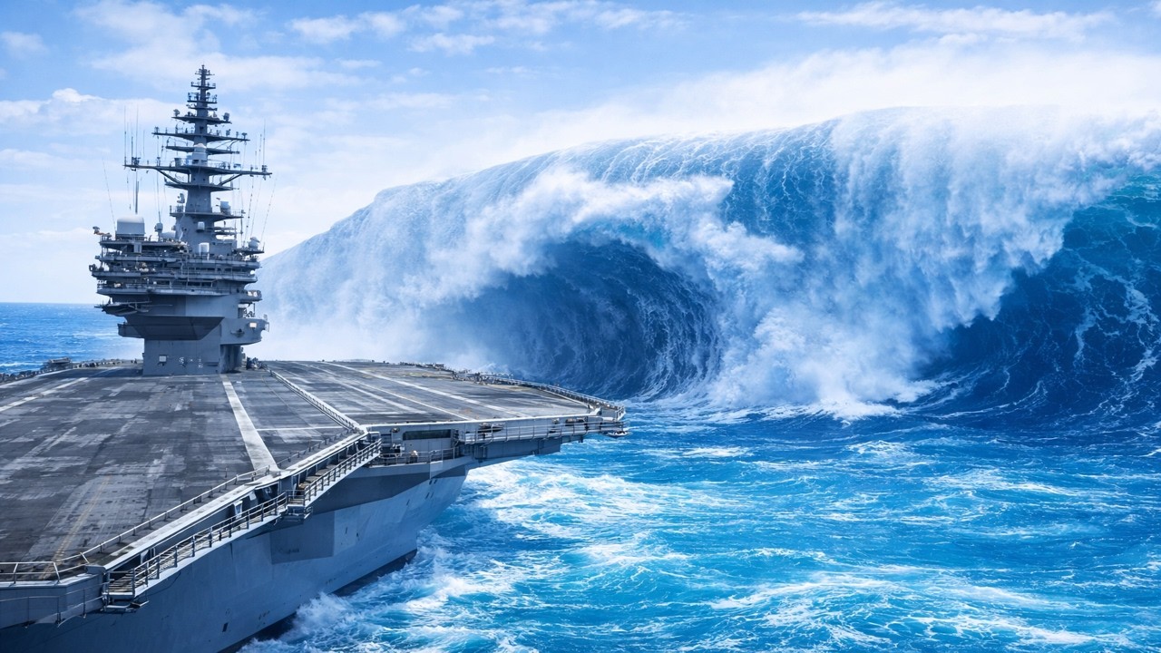 Giant waves crash onto a military aircraft carrier, posing a serious threat to the sailors (AFX)
