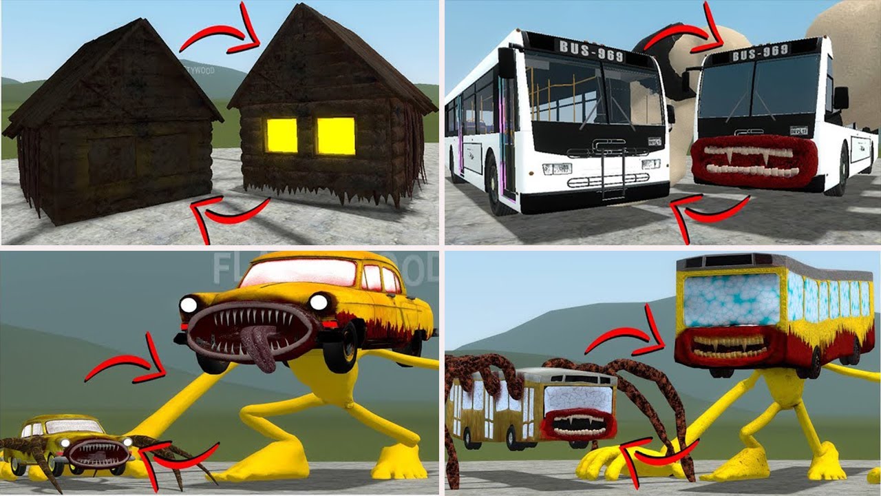 EVERYTHING TURNED INTO MONSTERS: CAR EATER, BUS EATER TAPES,GRANNY HOUSE VS TREVOR HENDERSON In GMOD