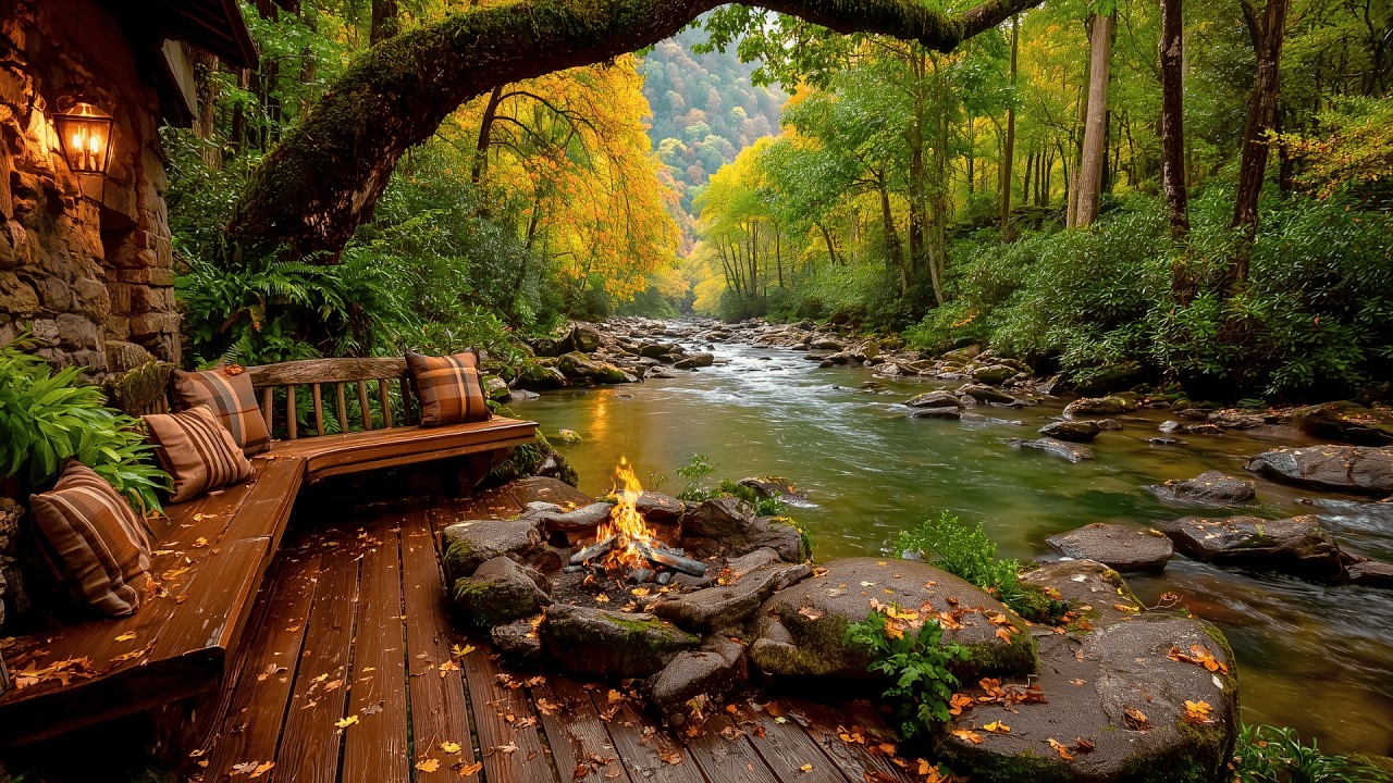 Soothing Spring Riverside Porch Ambience with Campfire & Forest Sounds
