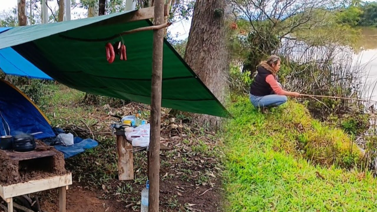 Acampamento Raiz na barranca do rio com muita chuva CONSTRUÍMOS FOGÃO CAIPIRA 