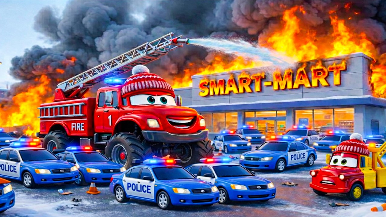 🔥 Epic Fire Truck Rescue! Monster Trucks vs Fire at Smart-Mart 🚒💥 | Vehicle Animation