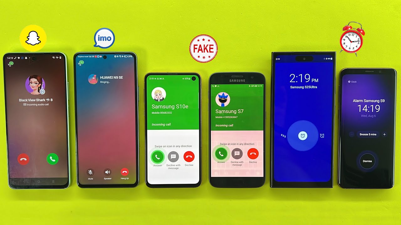 Social Media Vs Alarm Clock Vs FAKE Call on HUAWEI 9SE, Realme C67, Samsung S25Ultra+S10e+S9+S7 