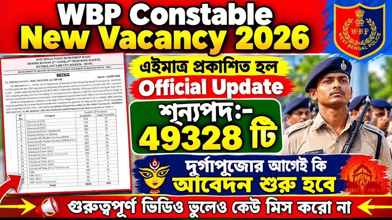 WBP Constable New Vacancy 2026 || WBP Police Post 49328 New Vacancy 2026 ||