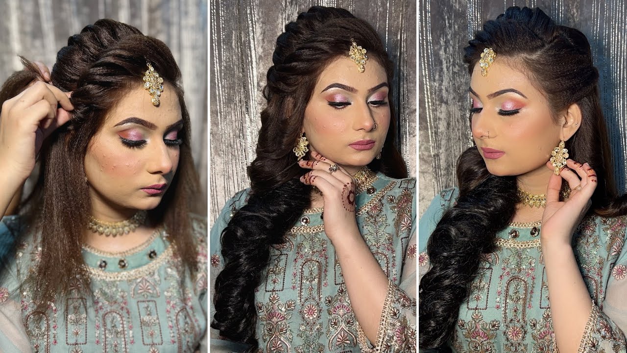 Muslim bridal hairstyle tutorial | open hairstyle for long hair |haldi hairstyle for bride open hair