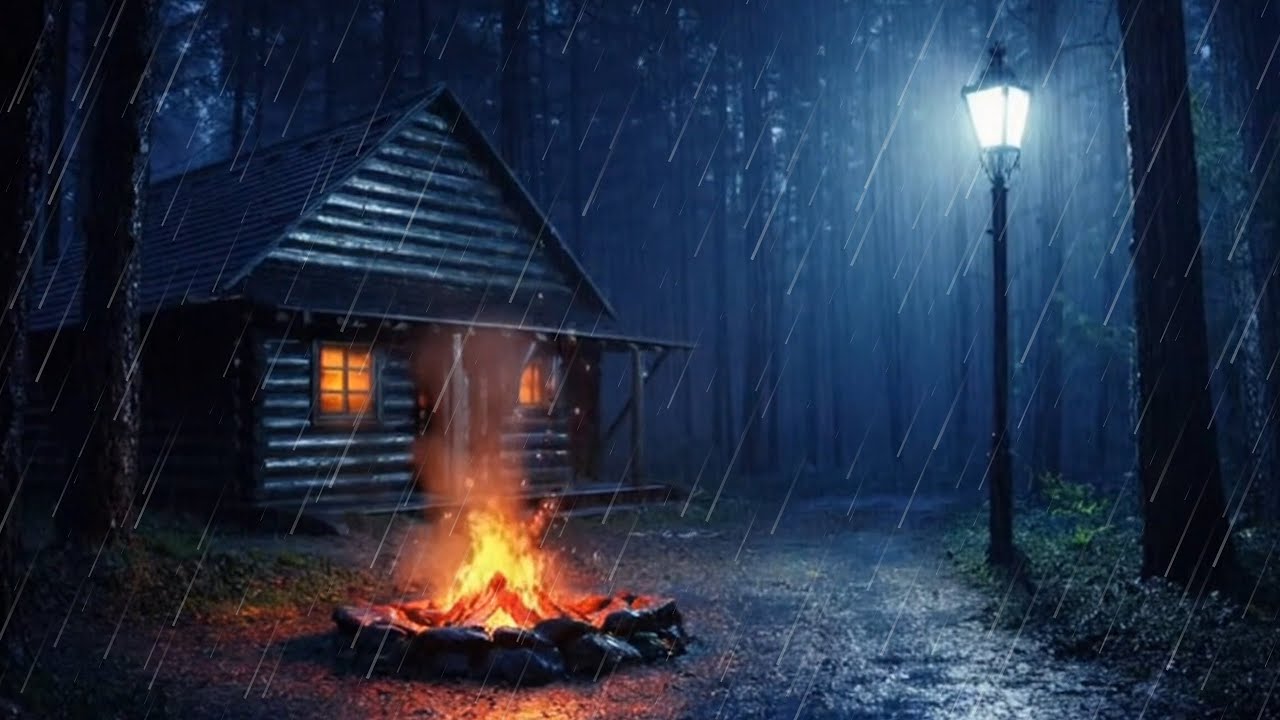 🔴Rainy Night Forest Cabin | Campfire, Flowing Water & Relaxing Ambience