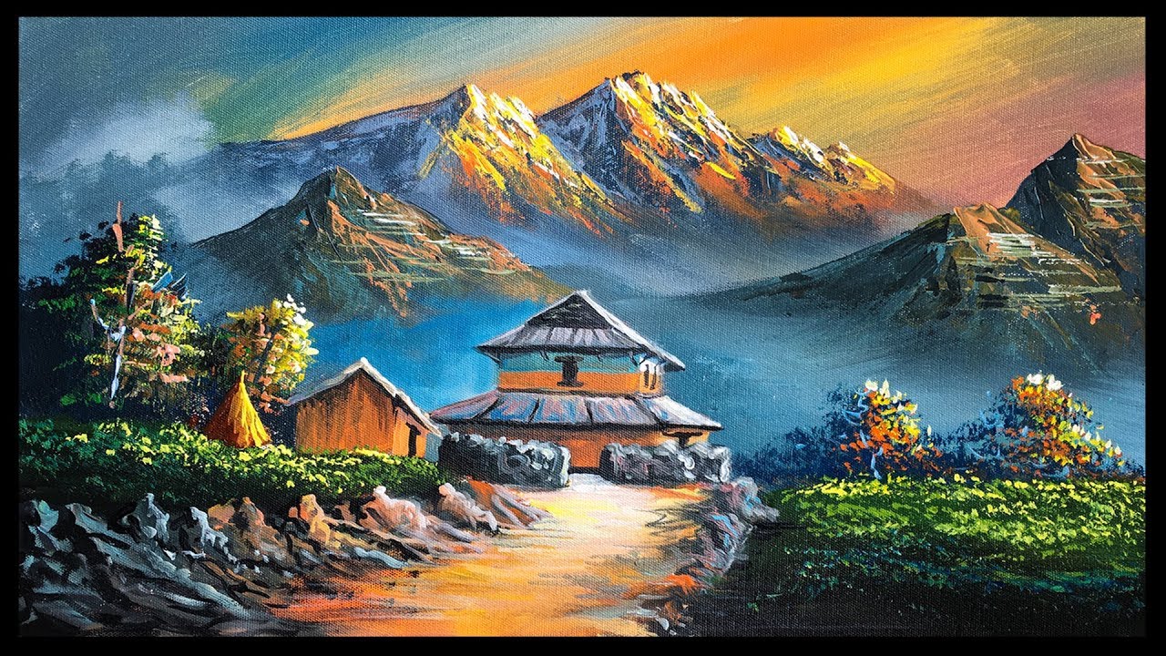 Village Scenery in Beautiful Landscape |Acrylic Nature Painting Tutorial | #GreatPumpkinChallenge