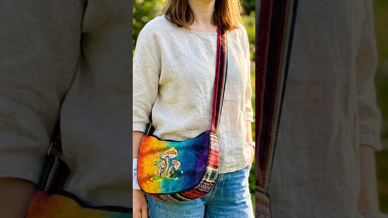 Boho Mushroom Crossbody Bag | Rainbow Tie-Dye Hemp | Embroidered Hippie