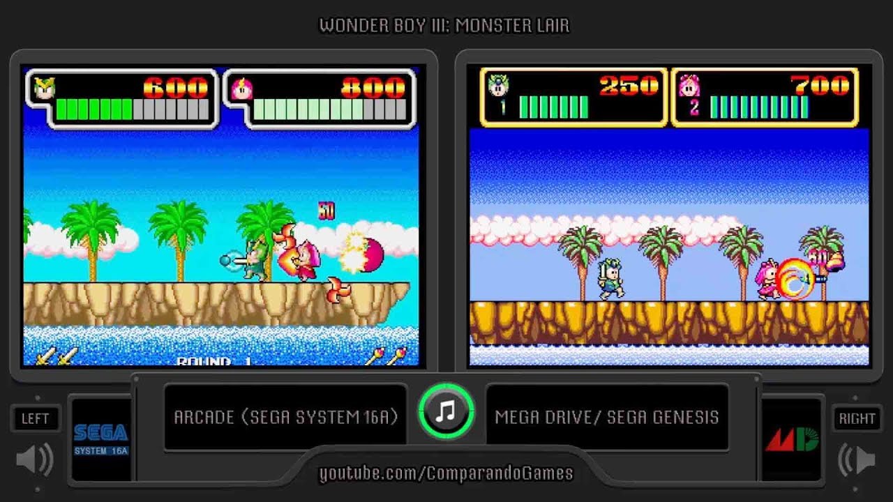 Wonder Boy III: Monster Lair (Arcade vs Mega Drive) Side by Side Comparison (Arcade vs Sega)