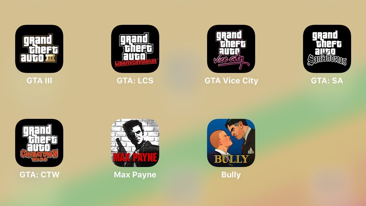BULLY, MAX PAYNE, GTA CHINATOWN WARS, GTA SAN ANDREAS, GTA VICE CITY, GTA LIBERTY CITY STORIES,GTA3