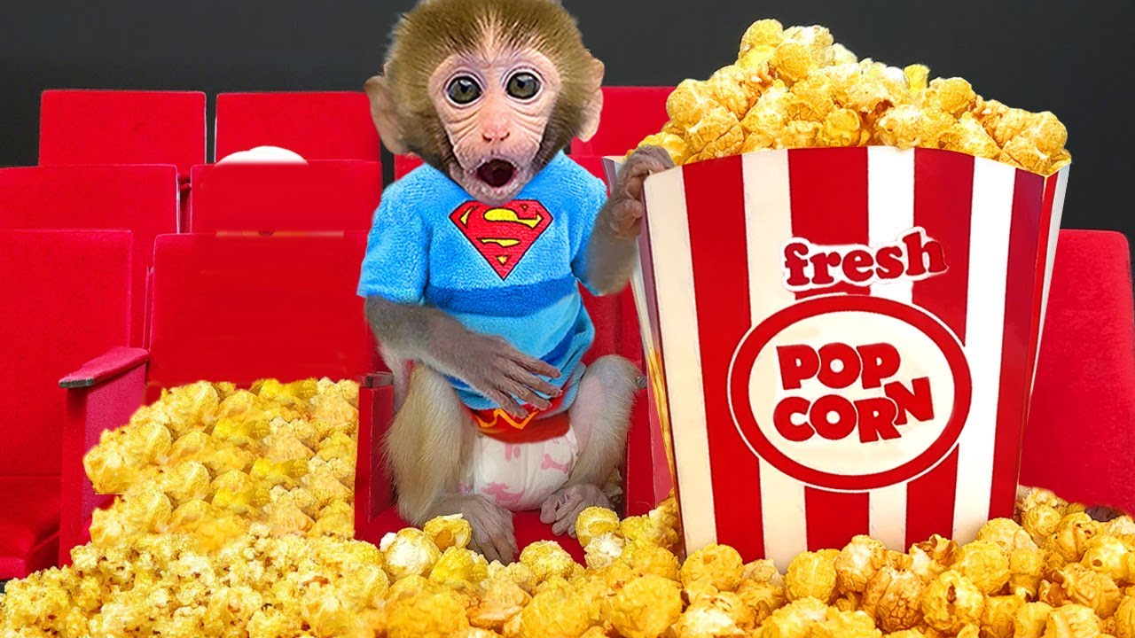 꼬마 원숭이 Gogo가 무지개 팝콘을 먹으면서 무서운 상어 영화를 봐요 - Gogo Monkey Aventure