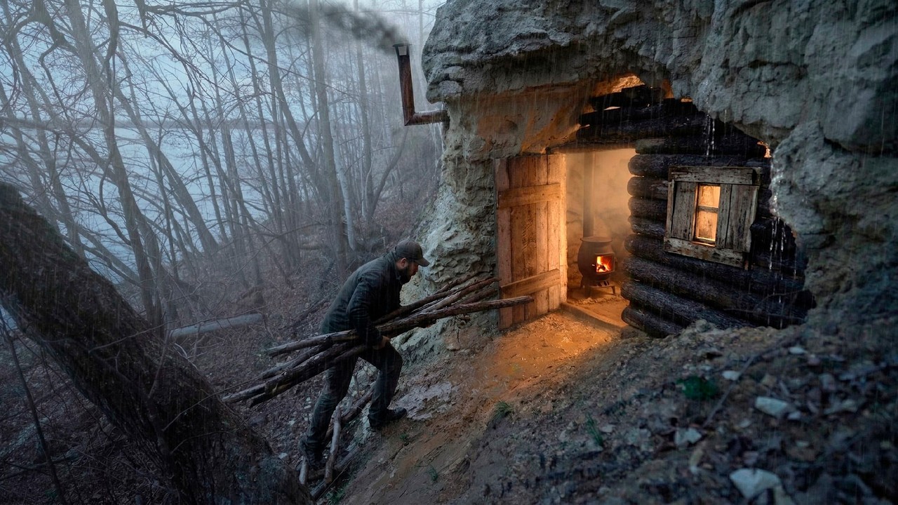 Building a Cozy Cave Cabin in 24 Hours | Alone in the Wilderness ASMR