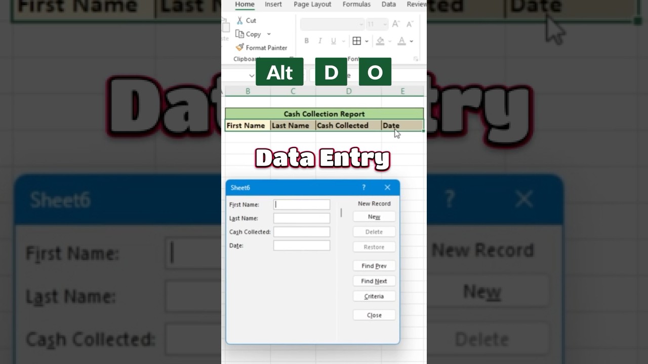 Data Entry Form using shortcut l Amazing tips in excel #excel #excelshorts #ytshorts