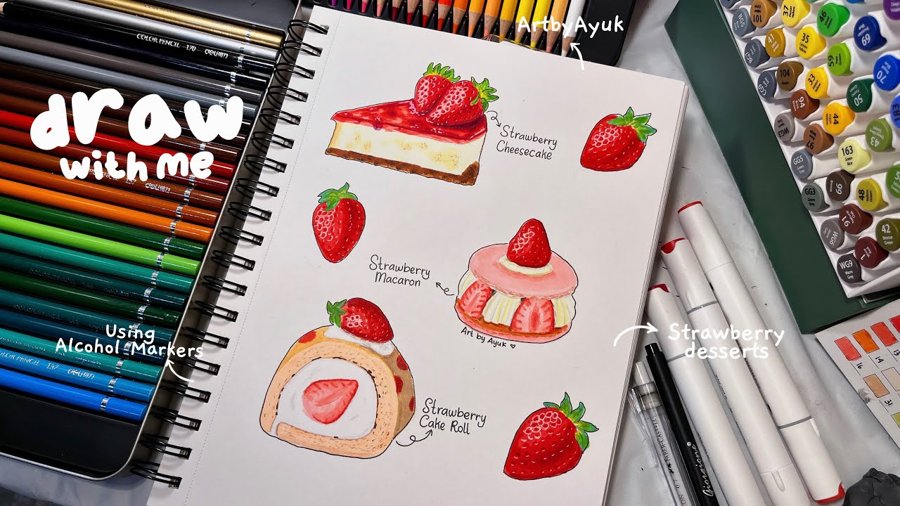 Draw With Me, Realistic Strawberry Desserts with Alcohol Markers🍓🍰