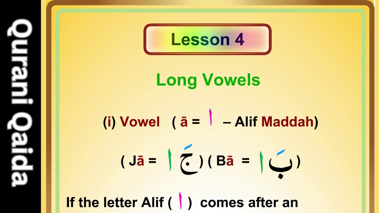 Qurani Qaida Lesson 4 | Long Vowels (Madd Letters) &ndash; Alif, Waw, Ya | Learn to Read Quran