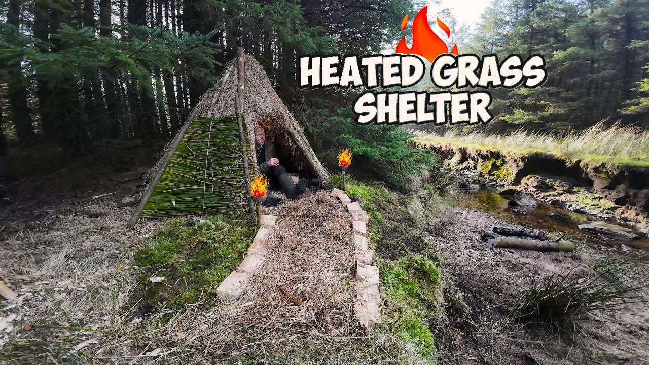 Heated grass shelter by a river