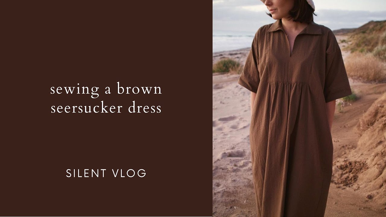 Sewing a brown dress made from Japanese seersucker | silent vlog