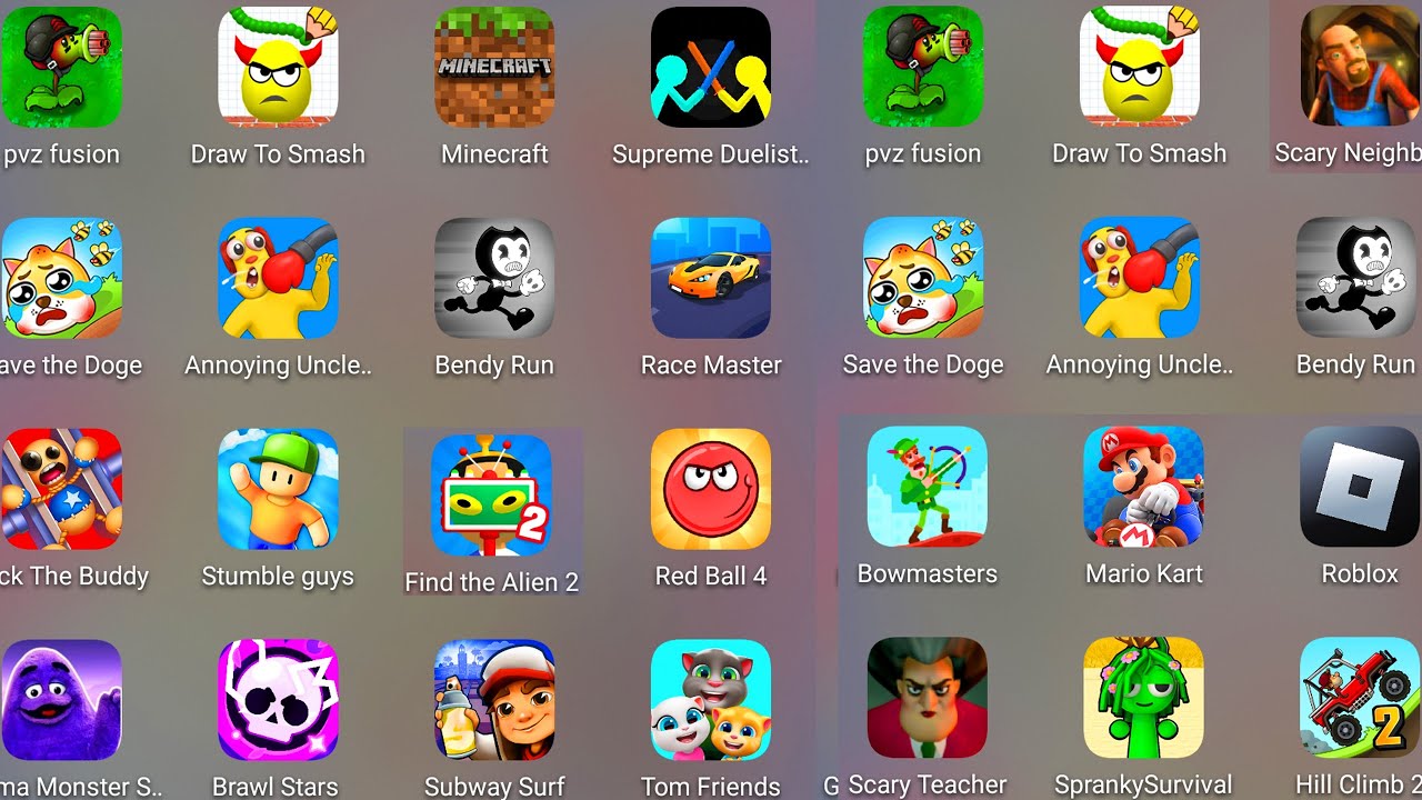 Minecraft,Stumble Guys,Red Ball 4,Bowmasters,Brawl Stars,Draw To Smash,Subway Surf,Spranky Survival