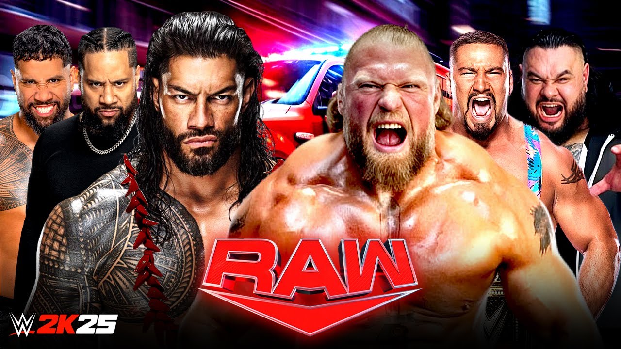 WWE Raw 2K25 Roman Reigns Jey Uso Jimmy Uso vs Brock Lesnar Bron Breakker Bronson Reed 15-01-2026