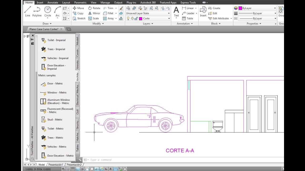 Hacer cortes y elevaciones en AutoCAD rápido y simple, sección de una casa o vivienda