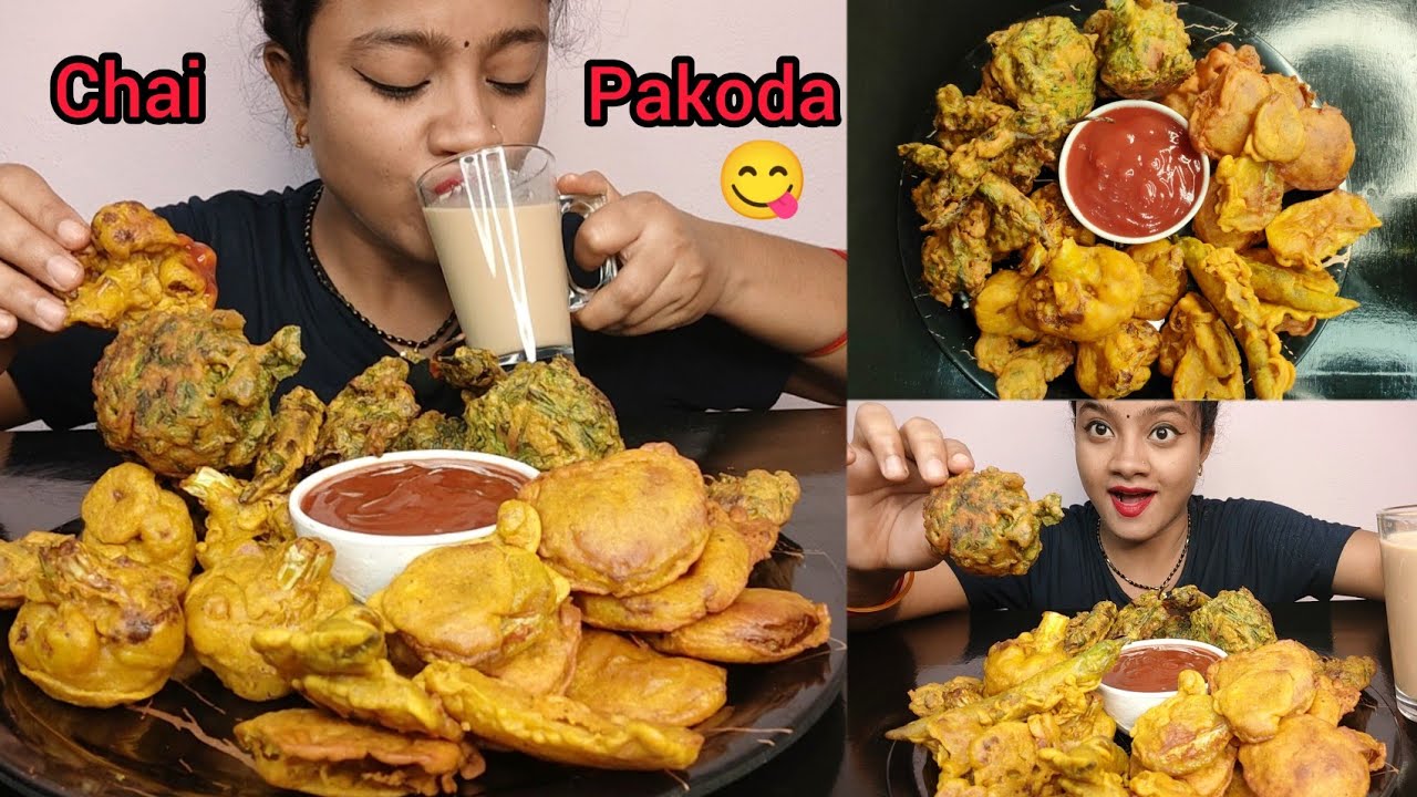 Eating Aloo Pakoda,Mirchi Pakoda🌶️Gobi Pakoda , Palak Pakoda, Paneer Pakoda With Chai☕ Big Bites 😋