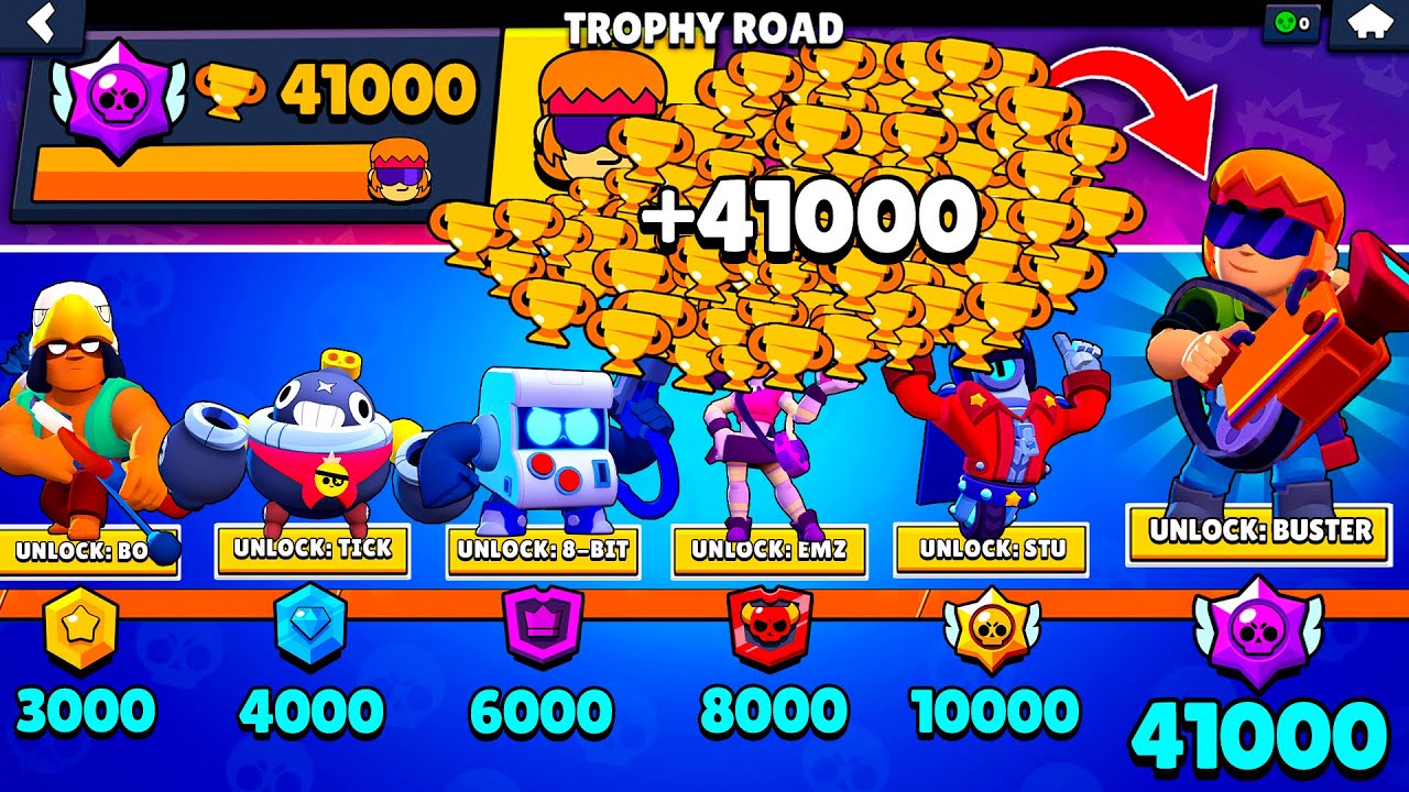 NONSTOP to 41000 TROPHIES Without Collecting TROPHY ROAD + New Brawler BUSTER - Brawl Stars
