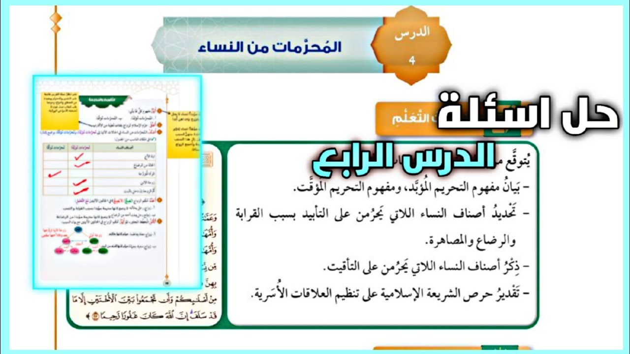 حل اسئلة درس المحرمات من النساء | حل اسئلة الدرس الرابع تربية اسلامية | توجيهي 2009