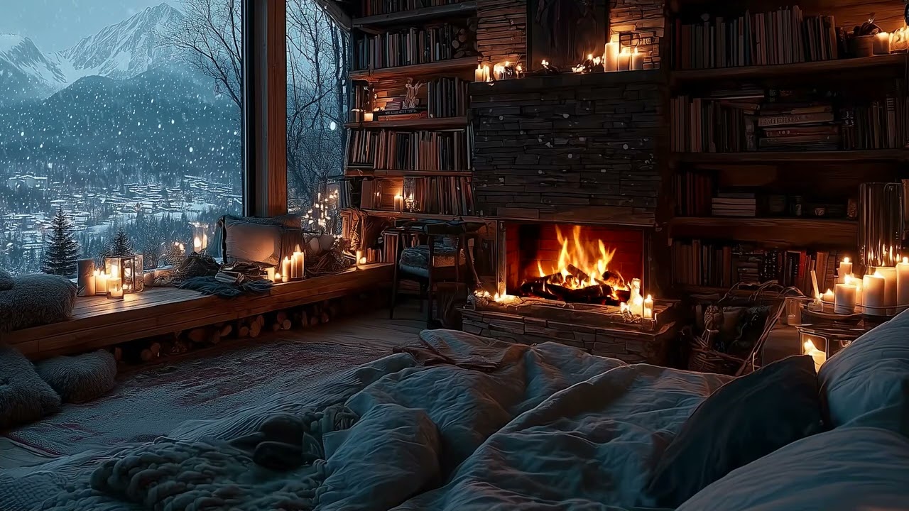 (No Ads) Snowy Night & Fireplace Ambience for Peaceful Sleep and Calm Focus