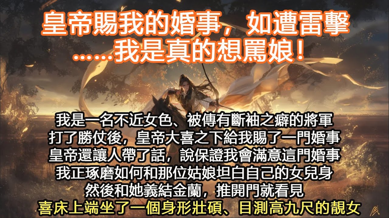完結沙雕搞笑爽文：皇帝賜我的婚事，如遭雷擊……我是真的想罵娘！我是一名不近女色、被傳有斷袖之癖的將軍打了勝仗後，皇帝大喜之下給我賜了一門婚事皇帝還讓人帶了話，說保證我會滿意這門婚事我正琢磨如何和那位姑