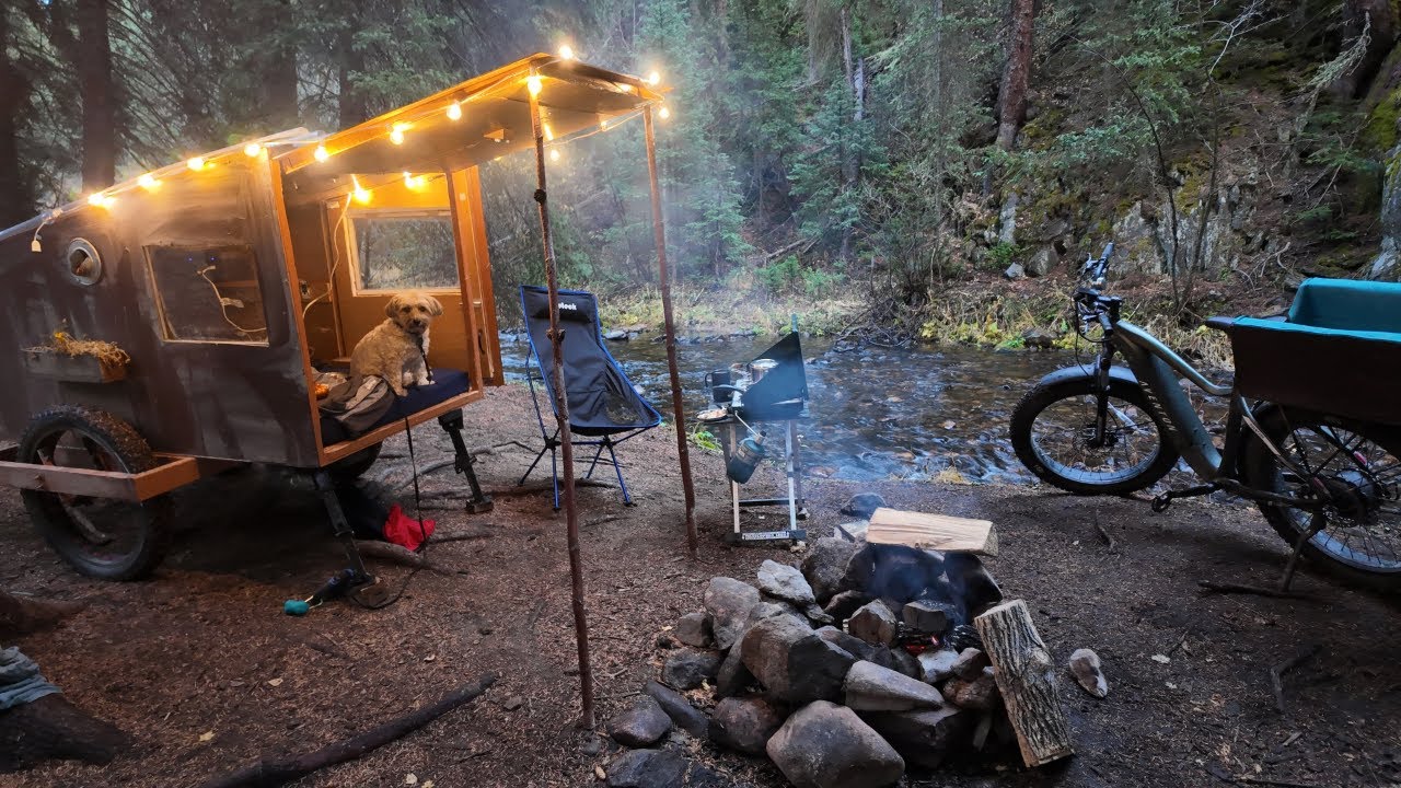 Surprise Snow Storm Hits The Bike Cabin while Camping on an Autumn Day by The River With My Dog. ❄️
